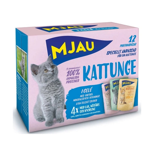 Multipack blötmat för kattungar med små bitar i gelé, smaker av lax, nötfärs och kyckling. Naturliga råvaror, utan spannmål eller tillsatt socker. Svensktillverkad.
