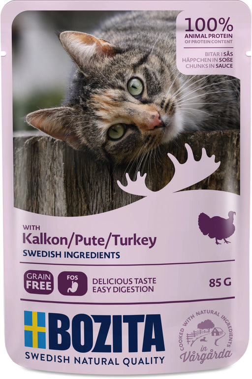 Bitar i sås med kalkon för vuxna katter, spannmålsfritt och lättsmält med prebiotiska FOS och balanserade mineraler och vitaminer.