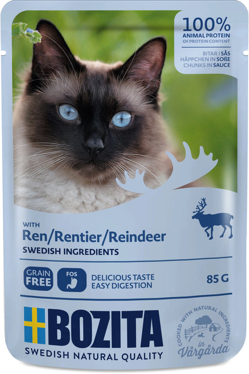 Bitar i sås med ren för vuxna katter, spannmålsfritt foder med prebiotiska FOS och balanserade mineraler och vitaminer.