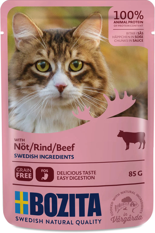 Bozita Bitar i Sås med Nötkött, spannmålsfritt kattfoder, 100% svenskt nötkött, prebiotiska FOS, portionsförpackning, naturliga råvaror för vuxna katter.