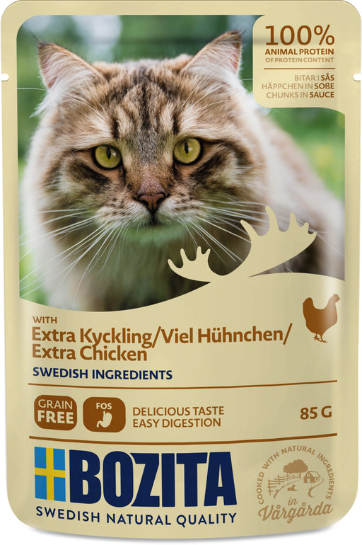 Bozita Bitar i Sås med Extra Kyckling, spannmålsfritt kattfoder, 100% animaliskt protein, prebiotiska FOS, portionsförpackning, naturliga råvaror för vuxna katter.