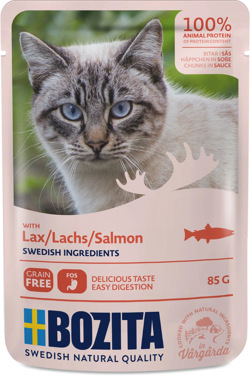 Bozita Bitar i Sås med Lax, spannmålsfritt kattfoder, 100% animaliskt protein, prebiotiska FOS, portionsförpackning, naturliga råvaror för vuxna katter.