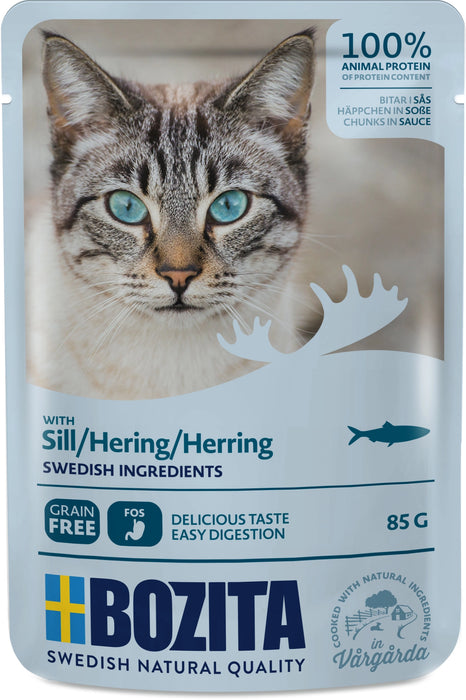 Bozita Bitar i Sås med Sill, spannmålsfritt kattfoder, 100% sillprotein, prebiotiska FOS, portionsförpackning, naturliga råvaror för vuxna katter.