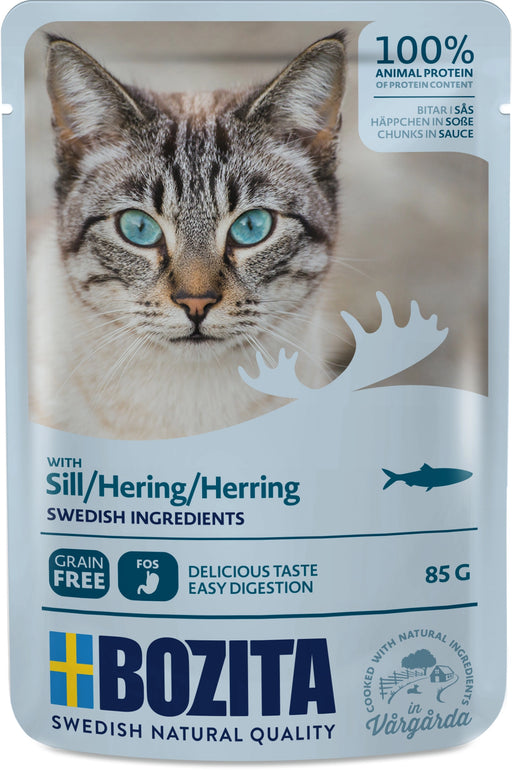 Bozita Bitar i Sås med Sill, spannmålsfritt kattfoder, 100% sillprotein, prebiotiska FOS, portionsförpackning, naturliga råvaror för vuxna katter.