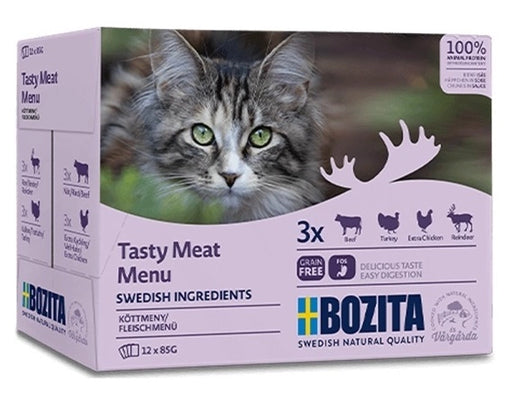 Multipack blötmat för vuxna katter med smakerna oxkött, kalkon, kyckling och ren. Spannmålsfritt kattfoder, prebiotiska FOS, svenska råvaror, hög smältbarhet och smaklighet.