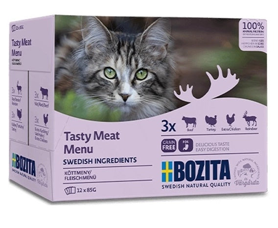 Multipack blötmat för vuxna katter med smakerna oxkött, kalkon, kyckling och ren. Spannmålsfritt kattfoder, prebiotiska FOS, svenska råvaror, hög smältbarhet och smaklighet.