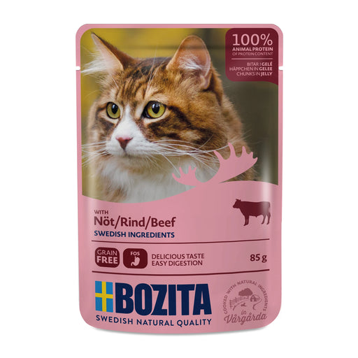 Bozita bitar i gelé med nötkött är ett komplett, spannmålsfritt våtfoder för vuxna katter. Innehåller 100% animaliskt protein och prebiotiska FOS för sund magflora.