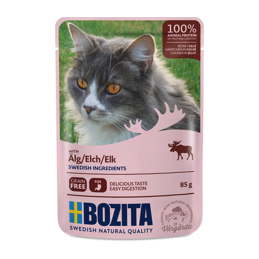 Bozita bitar i gelé med älg är ett spannmålsfritt våtfoder för katter, med 100% animaliskt protein, prebiotiska FOS och näringsrik älgkött från svenska skogar.