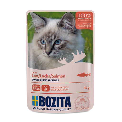 Bozita bitar i gelé med lax är ett spannmålsfritt våtfoder för vuxna katter, innehållande 100% animaliskt protein, prebiotiska FOS och en naturlig balans av vitaminer och mineraler.