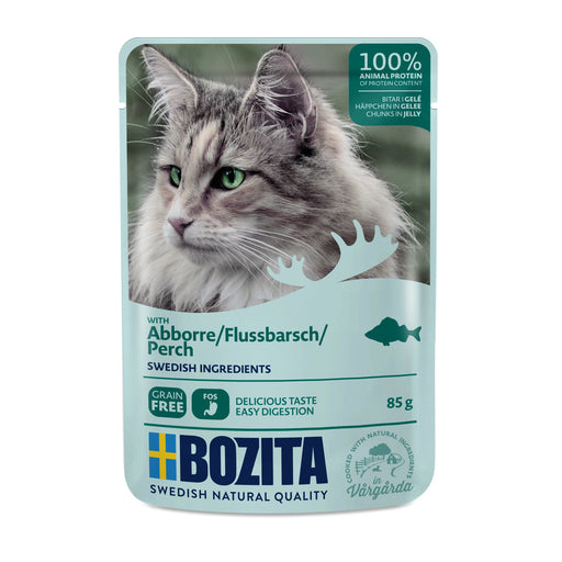 Bozita bitar i gelé med abborre är ett spannmålsfritt våtfoder för vuxna katter, med 100% animaliskt protein, prebiotiska FOS och en naturlig balans av vitaminer och mineraler.