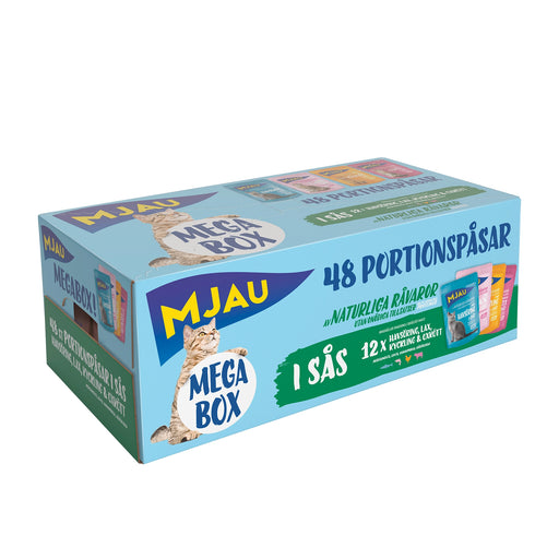 Våtfoder i Megabox för katter, smaker av havsöring, lax, kyckling och oxkött, naturliga råvaror, utan tillsatt socker eller färgämnen, med vitaminer och mineraler.