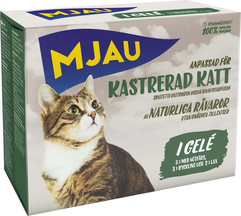 Våtfoder i Multibox för kastrerade katter, med smak av köttfärs, kyckling och lax i gelé, utan tillsatt socker eller färgämnen, berikad med vitaminer och mineraler.