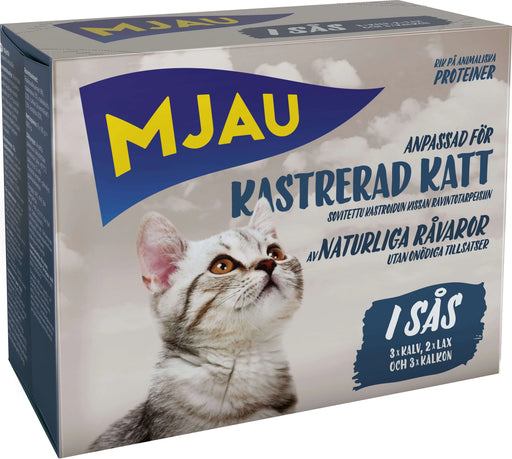 Våtfoder i Multibox för kastrerade katter, med smak av kalv, kalkon och lax i sås, utan tillsatt socker eller färgämnen, berikad med vitaminer och mineraler. 8x85g.