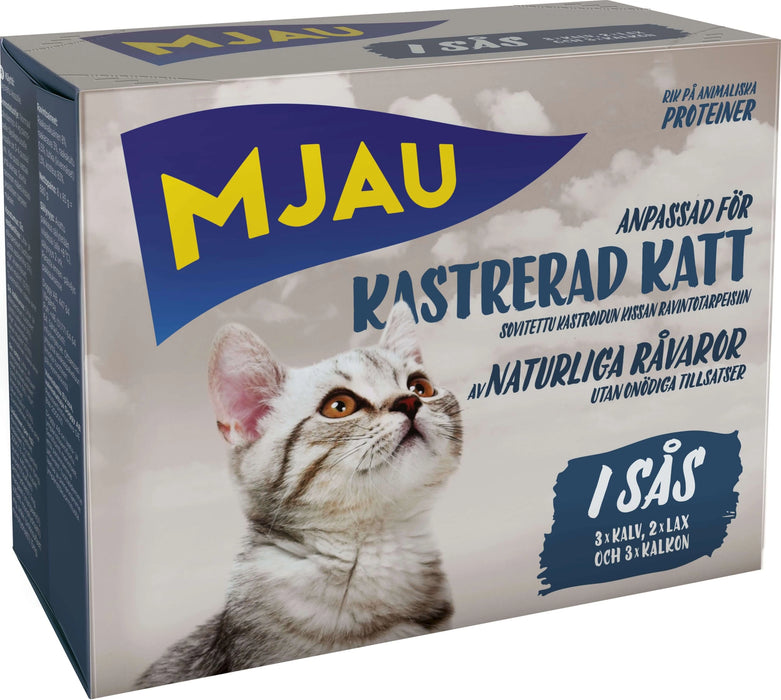 Våtfoder i Multibox för kastrerade katter, med smak av kalv, kalkon och lax i sås, utan tillsatt socker eller färgämnen, berikad med vitaminer och mineraler. 8x85g.