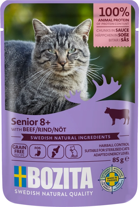 Bozita Senior 8+ Nöt för äldre katter, ett balanserat foder med nöt, cellulosafibrer för att minska hårbollar och glukosamin för hälsosamma leder.