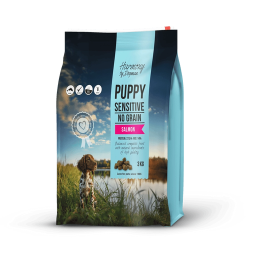 Harmony Puppy Sensitive hundfoder för valpar med känslig mage. Spannmålsfritt med färsk lax, omega 3, och superfoods för en sund hud och glansig päls.
