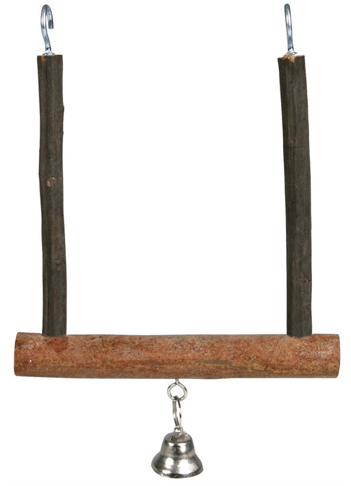 Fågelgunga med klocka utan kläpp, gjord av äkta trä. Perfekt för undulater och parakiter. Djurvänlig design som stimulerar aktivitet och balans.