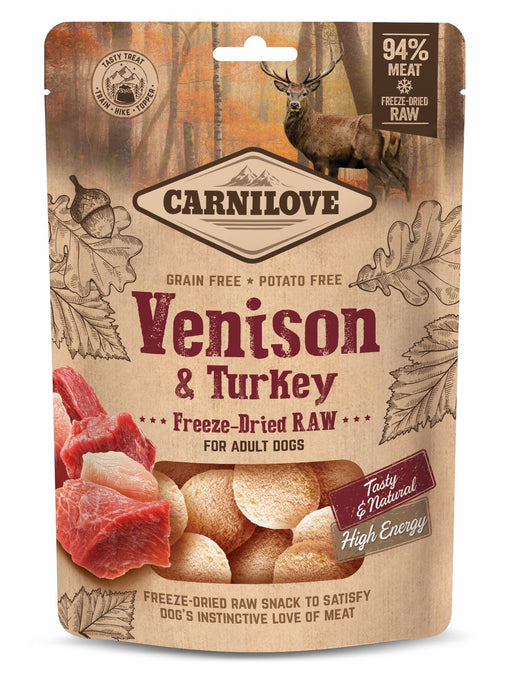 Frystorkade hundgodisbitar med kalkon och vilt, 94-96% färskt kött. Naturliga ingredienser, utan tillsatser eller konserveringsmedel.