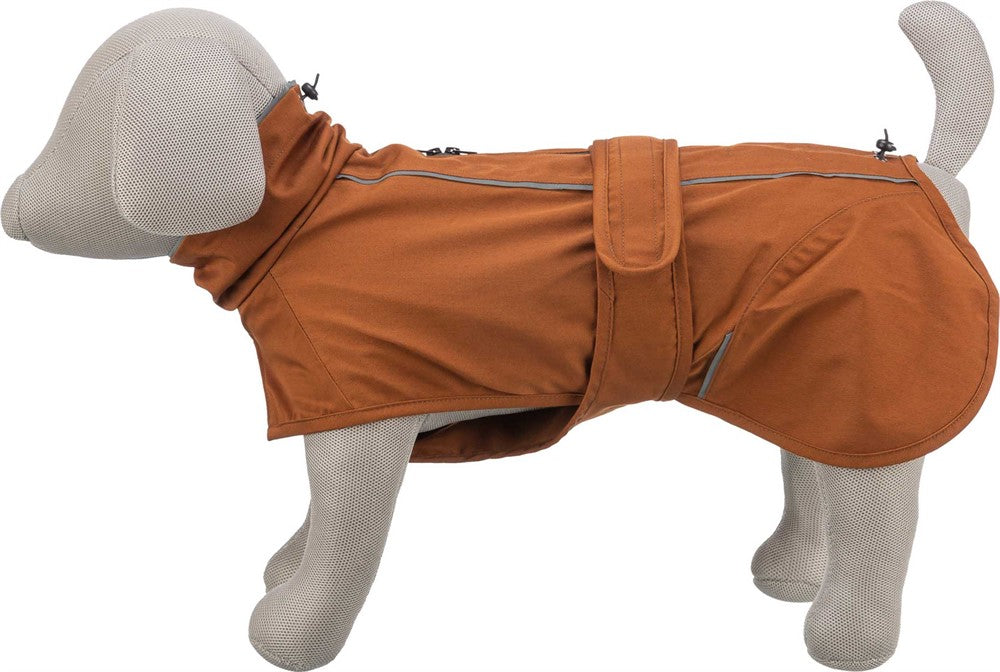 Vattentåligt hundtäcke i polyester/bomull med justerbar passform, dragsko, reflekterande detaljer och justerbara bakbenöglor för extra rörelsefrihet och säkerhet.