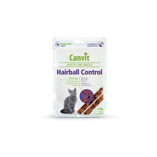Canvit Health Care Snack Hairball förebygger effektivt hårbollar hos katter, med naturliga fibrer från äpple, psyllium och fiskolja som hjälper matsmältningen.