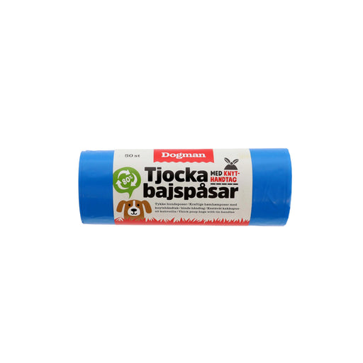 Tjock hundbajspåse blå med knythandtag, tillverkad av 80 % återvunnen plast. 50-pack, storlek 22,5x28 cm.