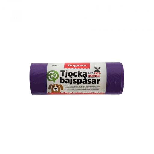 Tjock hundbajspåse lila med knythandtag, tillverkad av 80 % återvunnen plast. 50-pack, storlek 22,5x28 cm.