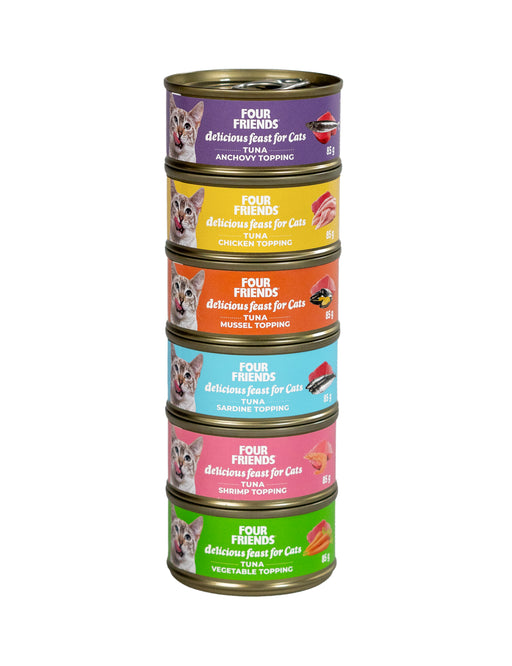 Variation av smakfull kattmat från Four Friends i 6-pack. Inkluderar olika smakkombinationer som tonfisk med grönsaker, räkor, sardiner, musslor, kyckling och ansjovis. Perfekt som kompletteringsfoder och säkerställer alltid tillgång till mat.