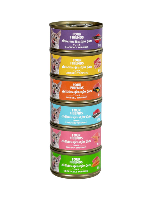Variation av smakfull kattmat från Four Friends i 6-pack. Inkluderar olika smakkombinationer som tonfisk med grönsaker, räkor, sardiner, musslor, kyckling och ansjovis. Perfekt som kompletteringsfoder och säkerställer alltid tillgång till mat.
