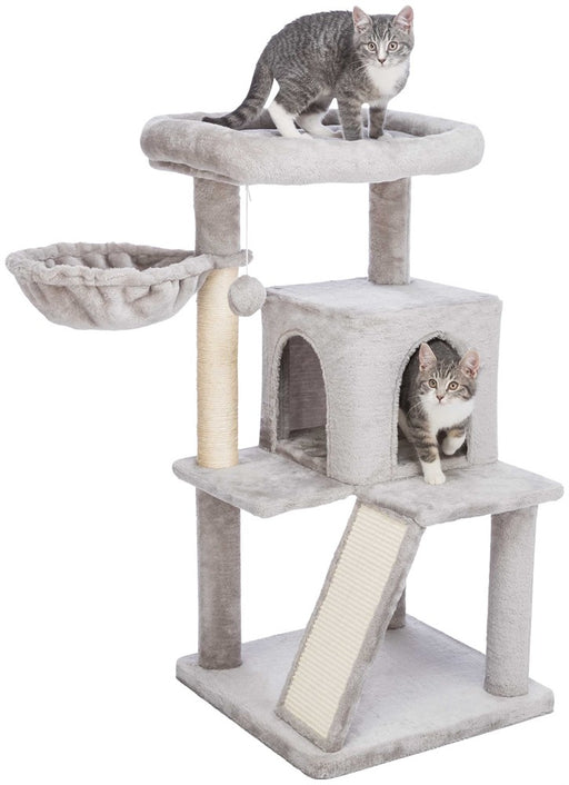 Cat Tower Saul för katt med sisal, plyschgrotta, mysig bädd med vadderad kant och hängmatta med metallram. Grå design för både komfort och stil.

