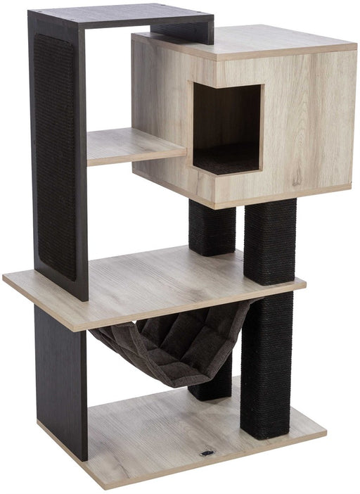 Kattklösmöbel i jute (ø 5 mm) och MDF belagd med trälook. Grotta med vändbar dyna och hängmatta för komfort. Grå/svart färg.


