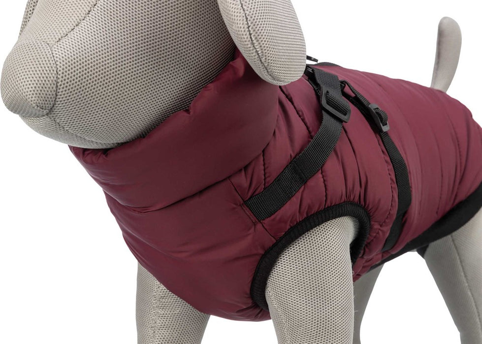 Hundtäcke i polyester och bomull med teddyplysch och stoppning (200 g/m²), genomgående dragkedja på ryggen, elastiskt inlägg i magpartiet och justerbara öglor för bakbenen.