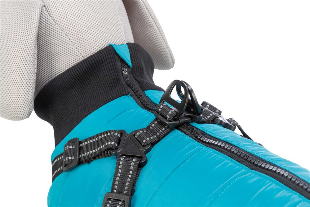 Pontis Täcke med sele för hund, i polyester med fleecefoder och vaddering. Reflekterande detaljer och justerbara öglor för bakbenen för en säker och bekväm passform.