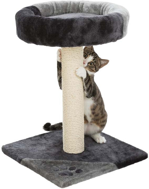 Grå/svart klösmöbel i sisal och plysch med vadderade liggytor för kattens komfort och klösbeteende.

