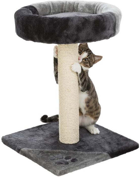 Grå/svart klösmöbel i sisal och plysch med vadderade liggytor för kattens komfort och klösbeteende.

