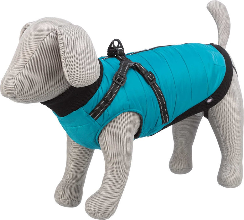 Pontis Täcke med sele för hund, i polyester med fleecefoder och vaddering. Reflekterande detaljer och justerbara öglor för bakbenen för en säker och bekväm passform.